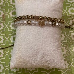Gold Bead & Pearl Heart Adjustable Bracelet Set – 2 Piece Layered Stack - NEW